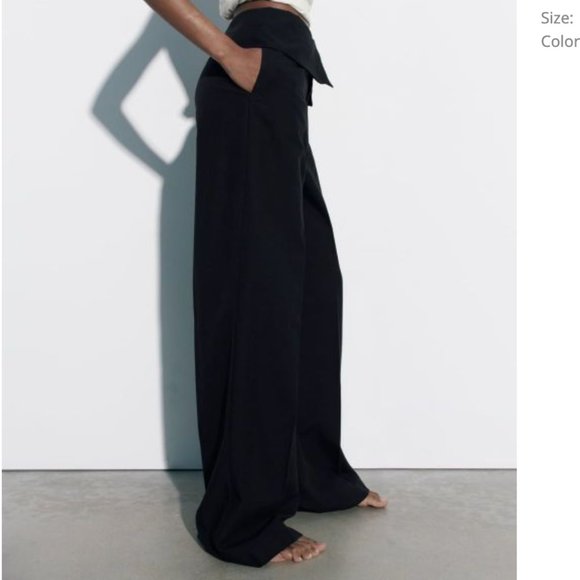 ZARA HIGH RISE FOLD DOWN WAISTBAND BLACK LONG LINEN BLEND PANT TROUSERS - Picture 5 of 8